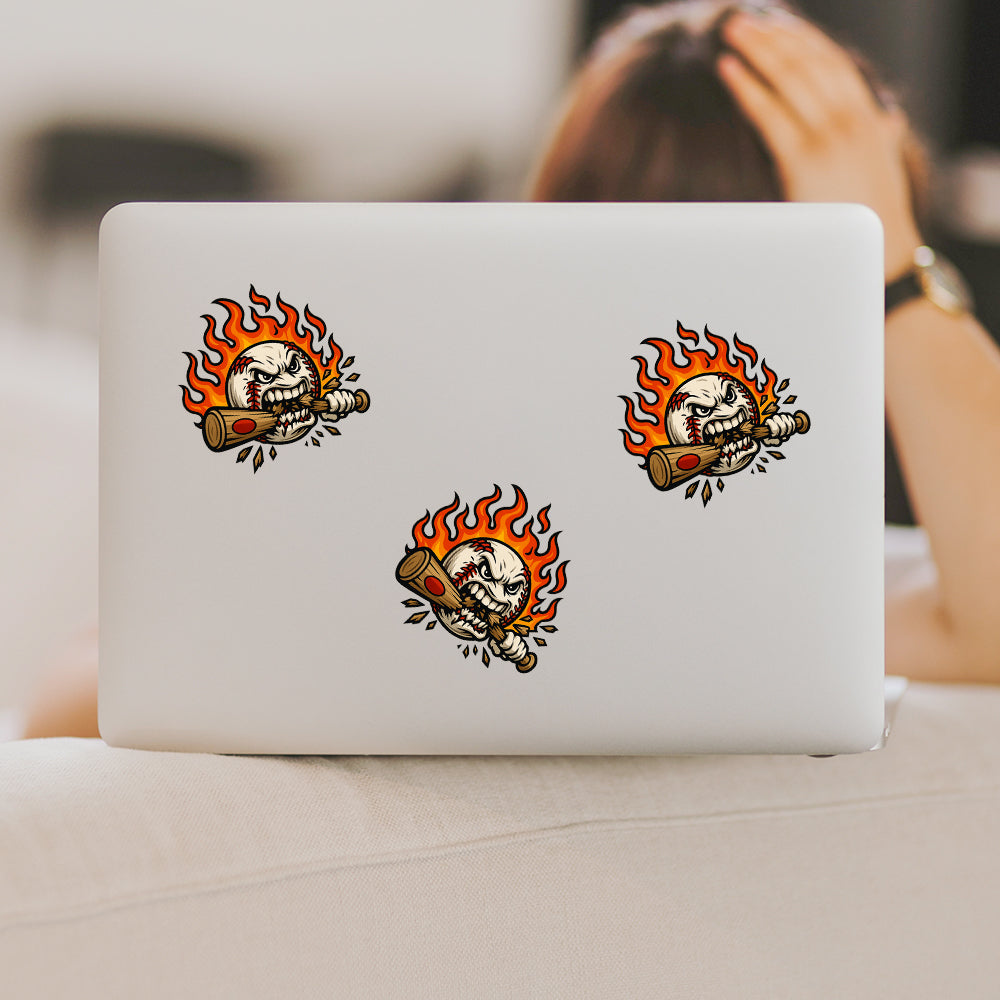Flaming Angry Baseball Face Sticker – Aggressive Bat Bite Teeth Expression Decal Sticker 3
