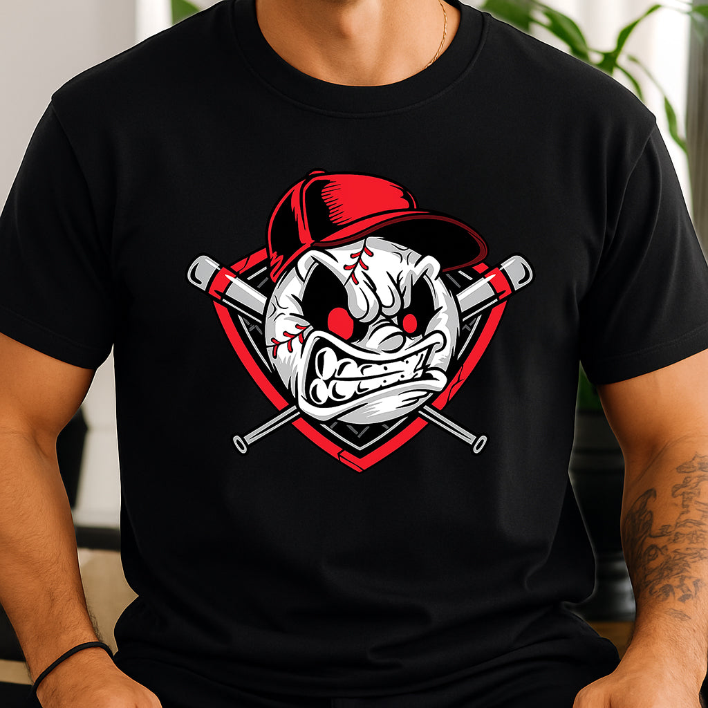 Cool Baseball Graphic Tee – Aggressive Ball Face with Red Hat T-Shirt