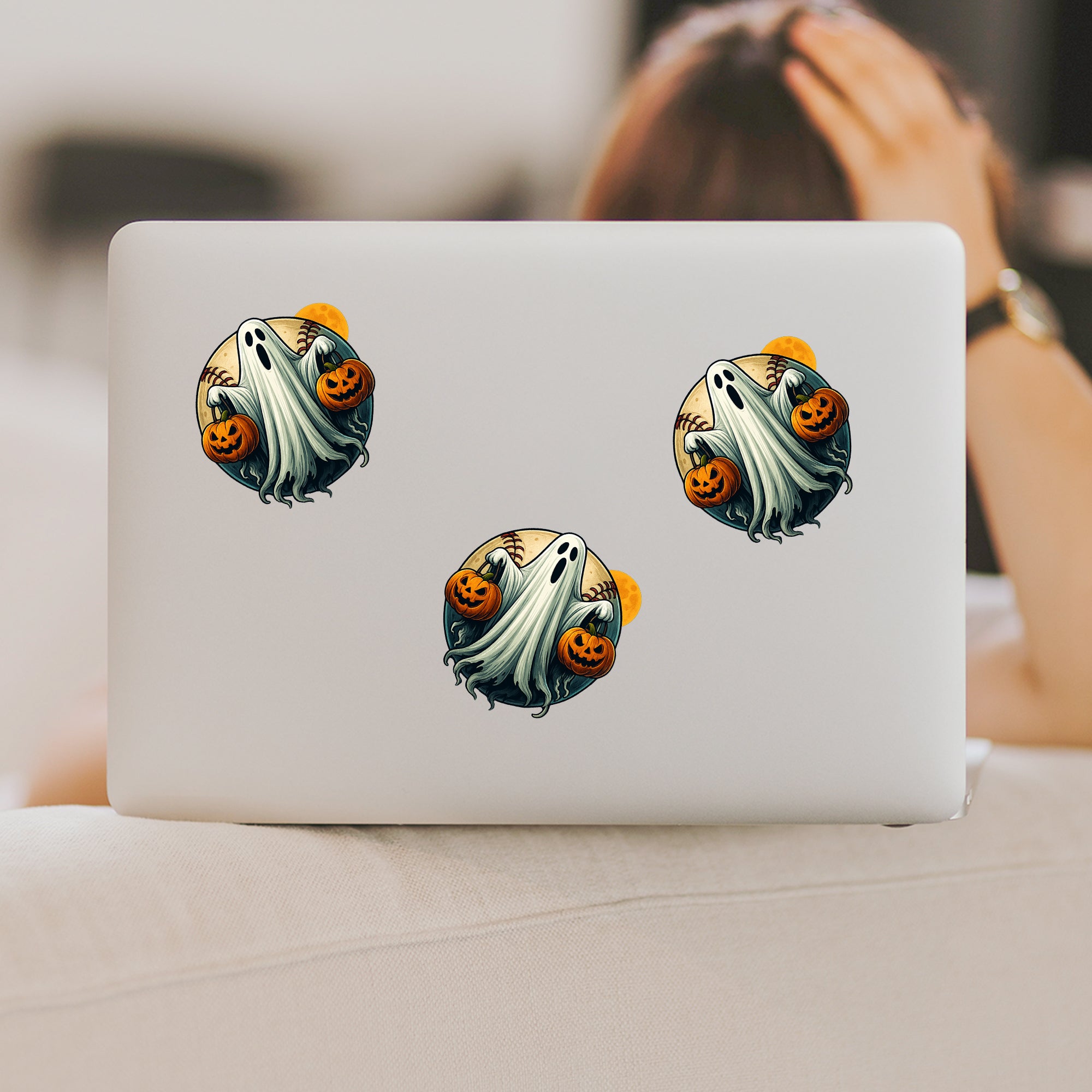 Spooky Halloween Ghost Holding Pumpkins – Creepy Baseball Full Moon Design, Haunted Night Horror Spirit Vinyl Sticker 3