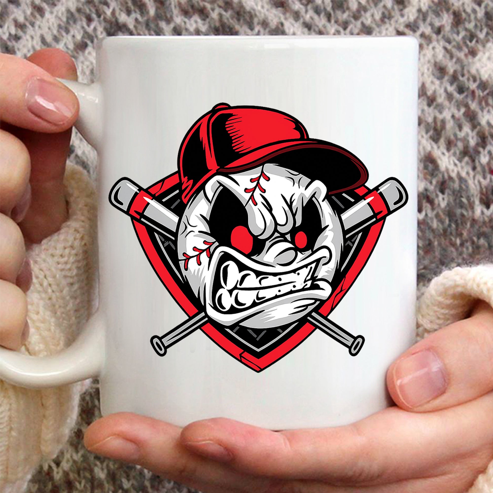 Scary Angry Baseball Face with Red Cap – Fierce Sports Ball Cartoon Logo Design Ceramic Coffee Mug 5
