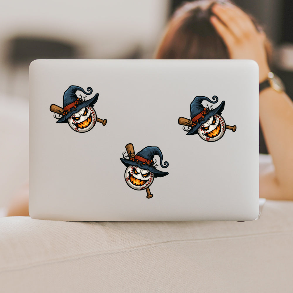 Halloween Baseball Sticker – Scary Pumpkin Face with Witch Hat & Bat, Waterproof Sports Decal for Car, Laptop & Helmet 3