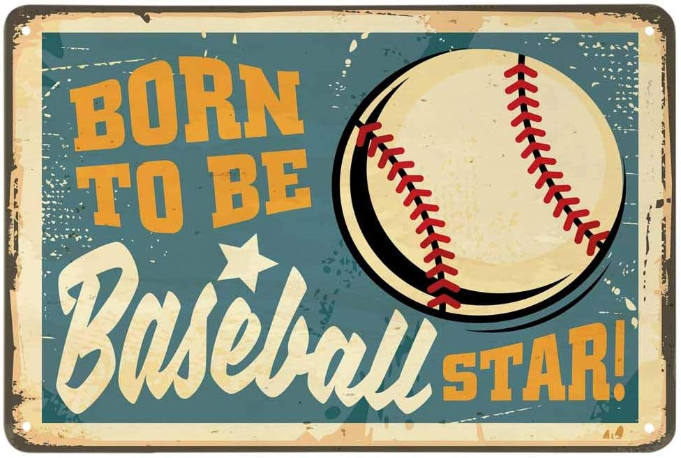 Born To Be Baseball Star Vintage Tin Sign Baseball Shop Wall Decor Retro Sign for Cafes Bars Pubs Men Women Metal Sign