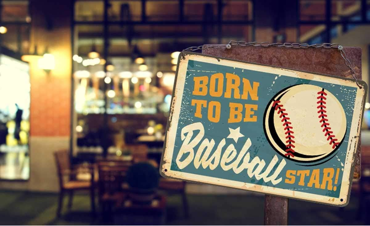 Born To Be Baseball Star Vintage Tin Sign Baseball Shop Wall Decor Retro Sign for Cafes Bars Pubs Men Women Metal Sign