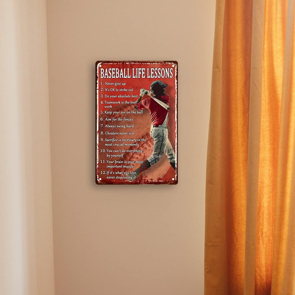 Retro Baseball Tin Sign – Vintage Motivational Baseball Life Lessons Metal Poster, Sports Decor for Boys Bedroom Wall Art Personalized Canvas