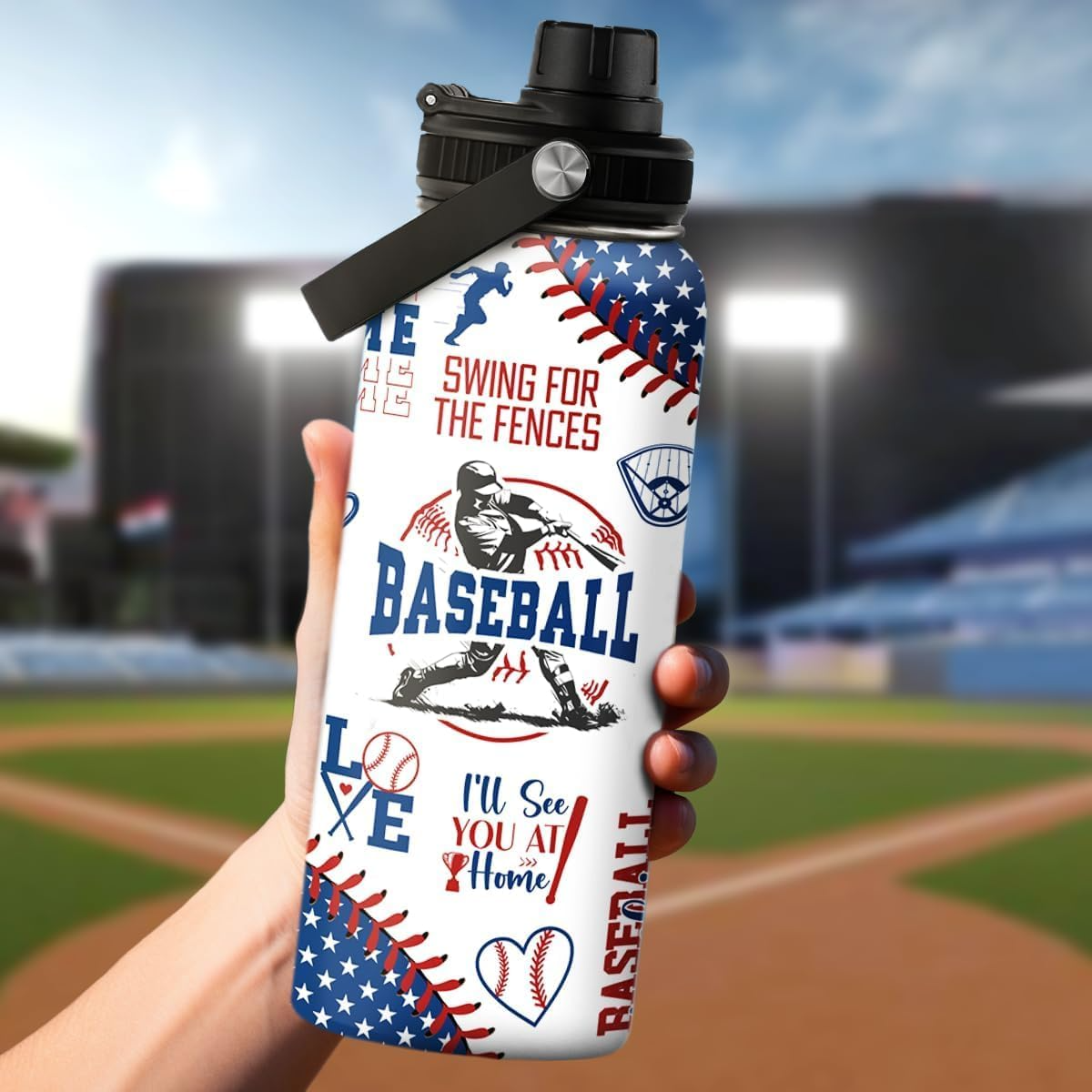 32oz Stainless Steel Insulated Sports Bottle with Lid – Gift for Baseball Lover, Player, Fan, Coach, Baseball Water Bottle 3