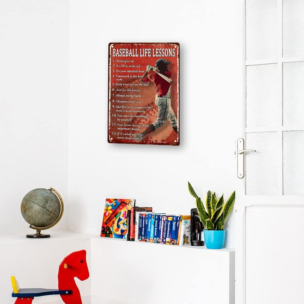 Retro Baseball Tin Metal Signs Vintage Baseball Decor for Boys Room, Baseball Life Lessons Metal Signs
