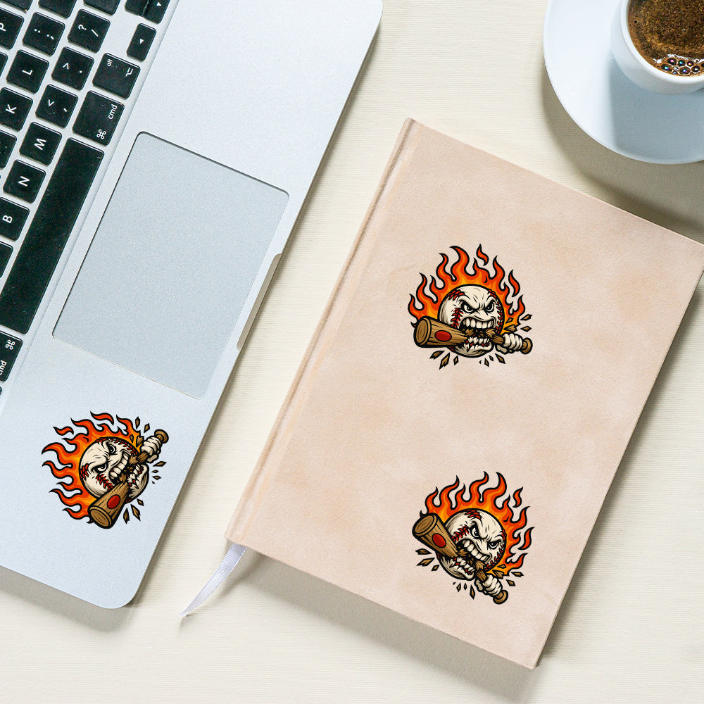 Flaming Angry Baseball Face Sticker – Aggressive Bat Bite Teeth Expression Decal Sticker
