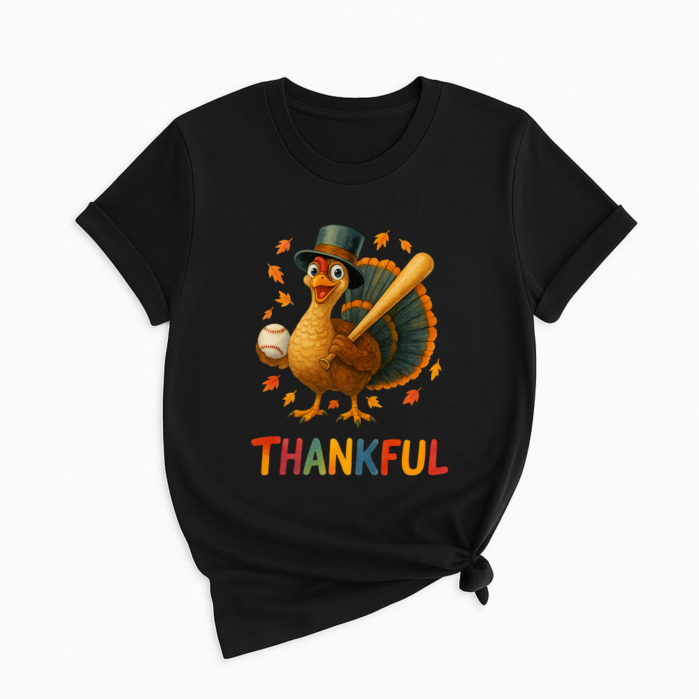 Thanksgiving Turkey Baseball T-Shirt – Funny Thankful Fall Sports Fan Gift T-Shirt