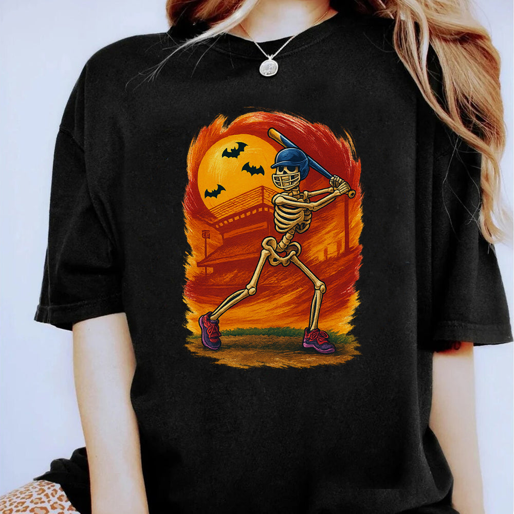 Halloween Skeleton Baseball Graphic Tee Spooky Sports Design T-Shirt 3