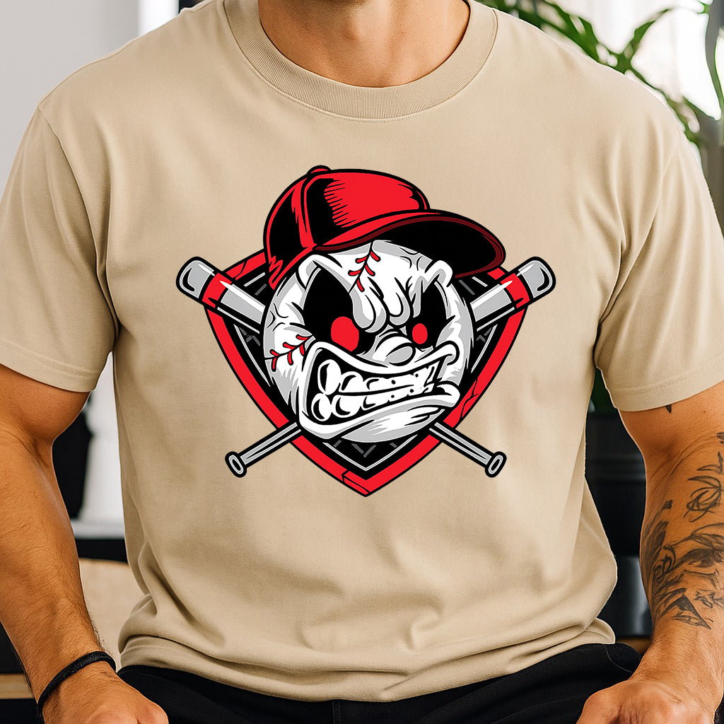 Cool Baseball Graphic Tee – Aggressive Ball Face with Red Hat T-Shirt 4