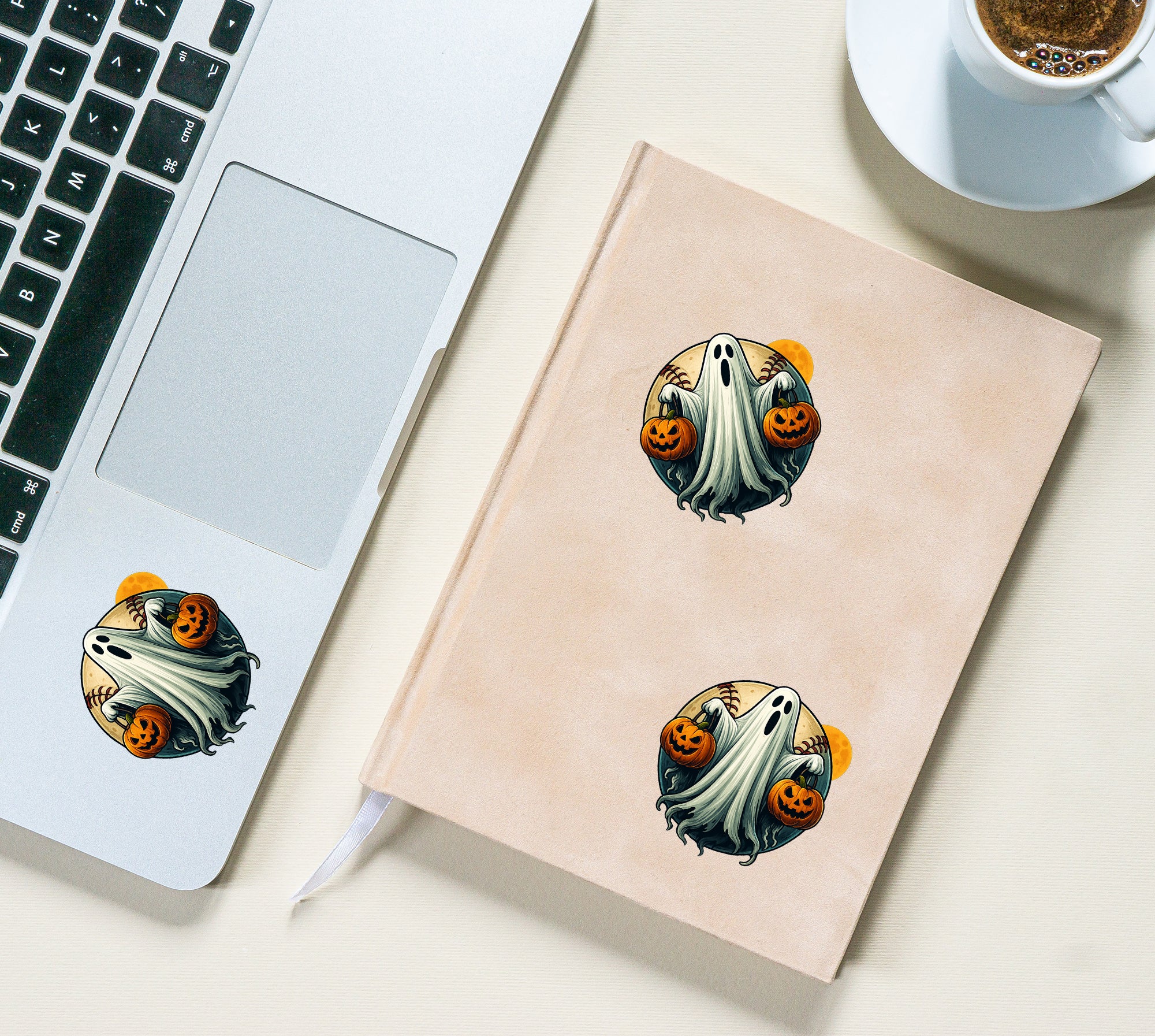 Spooky Halloween Ghost Holding Pumpkins – Creepy Baseball Full Moon Design, Haunted Night Horror Spirit Vinyl Sticker