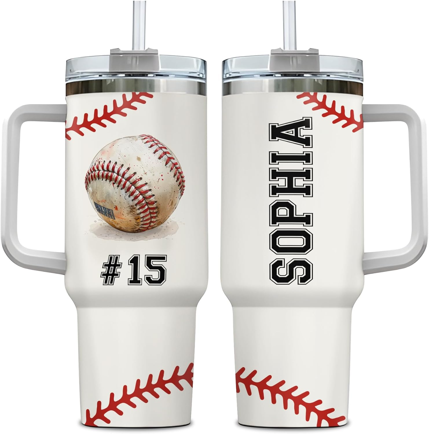 Personalized Baseball – Custom Name Travel Coffee Cup 40oz with Lid and Straw, Baseball Gifts for Men, Women, Boys, Coach, Players, Team, Sports Presents Tumbler