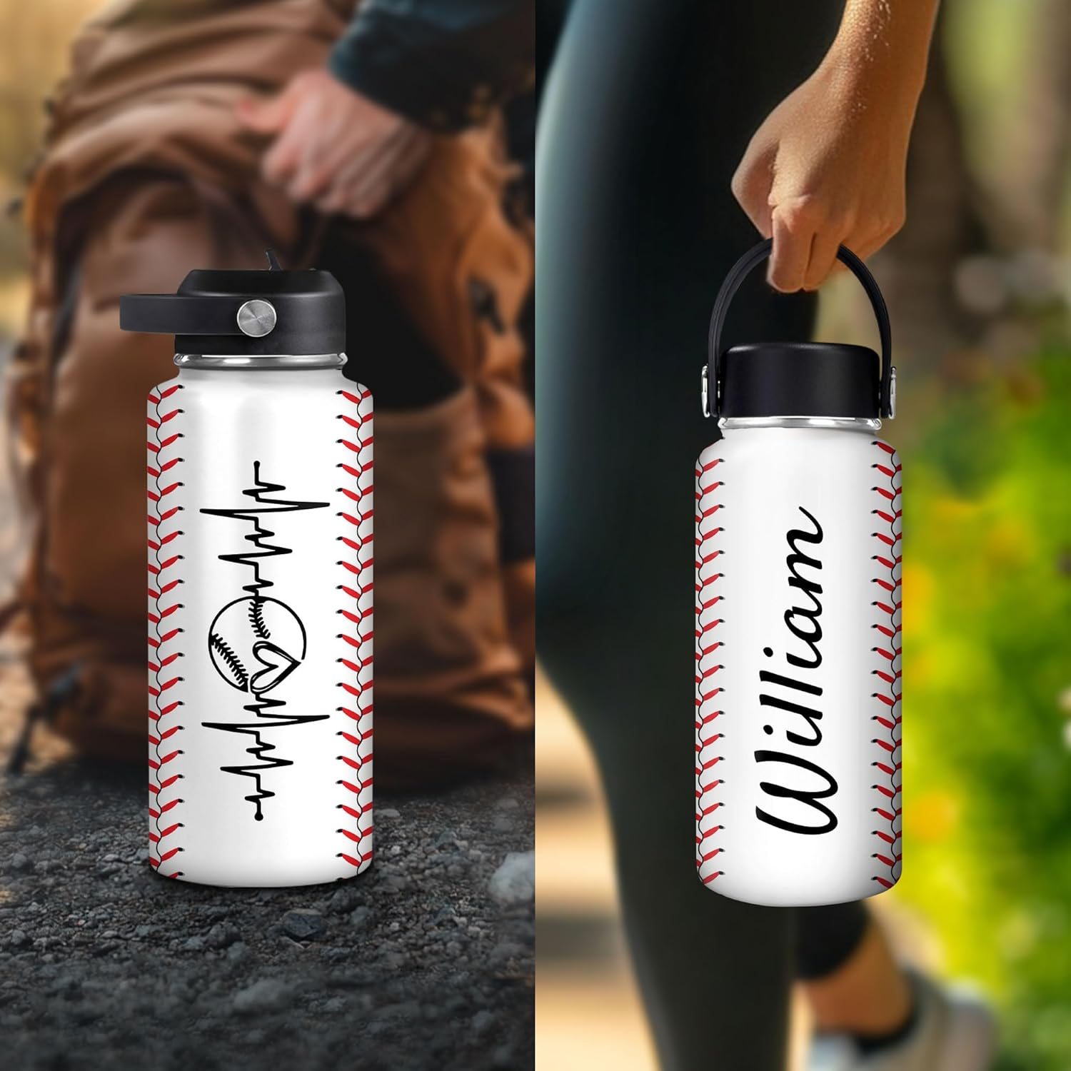 Personalized Baseball Water Bottle – Heartbeat Ball Custom Name 32oz 40oz Stainless Steel Insulated Sports Bottle Gift for Men Women Players Coaches Fans Water Bottle