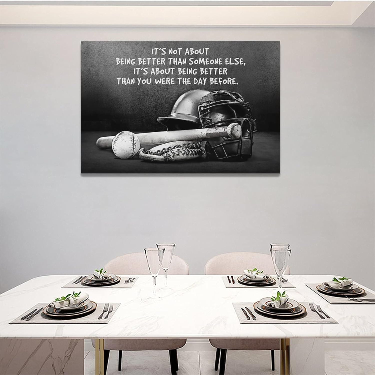 Baseball Sports Wall Art Black and White Motivational Poster Inspirational Retro Sports Decor for Boys Men Framed Canvas 6