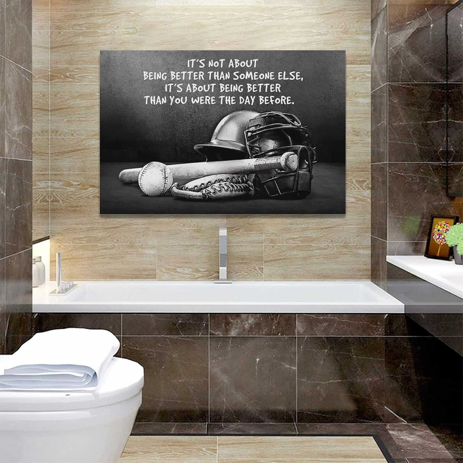 Baseball Sports Wall Art Black and White Motivational Poster Inspirational Retro Sports Decor for Boys Men Framed Canvas