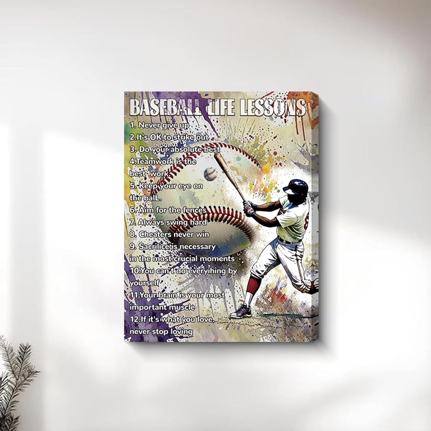 Baseball Sports Wall Art Prints, Motivational Life Lessons Quotes Poster, Never Give Up Baseball Picture Decor Canvas