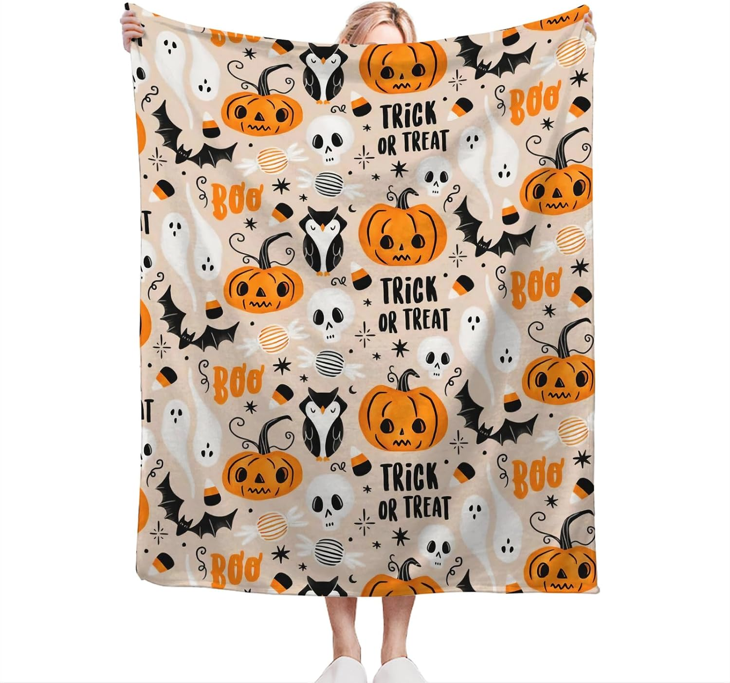 Halloween Blanket, Soft Warm Cozy Pumpkin Ghost Bats Black Owl Throw, Fuzzy Plush Candy Skull Fleece Flannel for Halloween Thanksgiving Couch Sofa Blanket