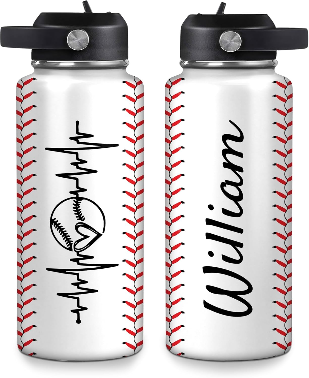 Personalized Baseball Water Bottle – Heartbeat Ball Custom Name 32oz 40oz Stainless Steel Insulated Sports Bottle Gift for Men Women Players Coaches Fans Water Bottle