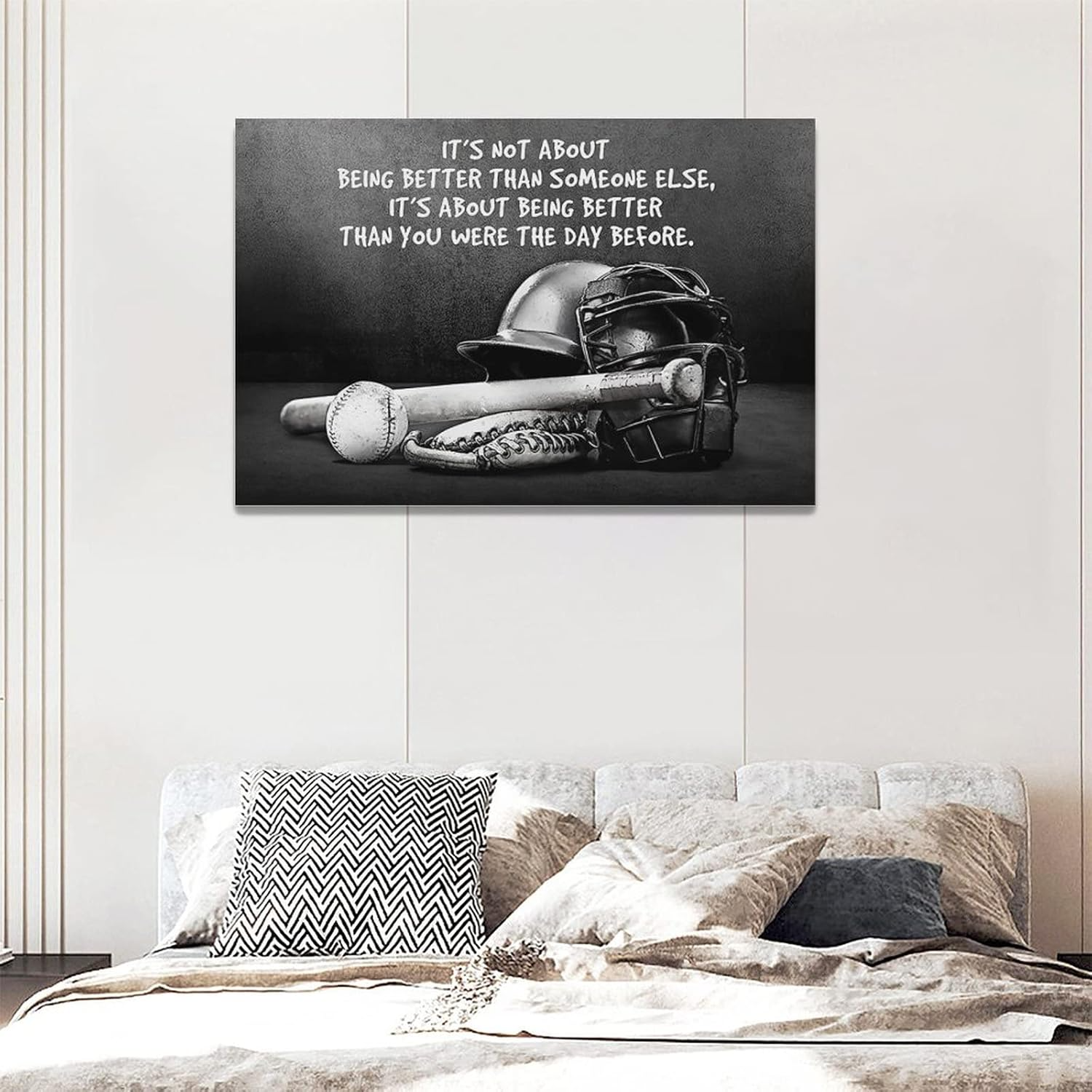 Baseball Sports Wall Art Black and White Motivational Poster Inspirational Retro Sports Decor for Boys Men Framed Canvas 3