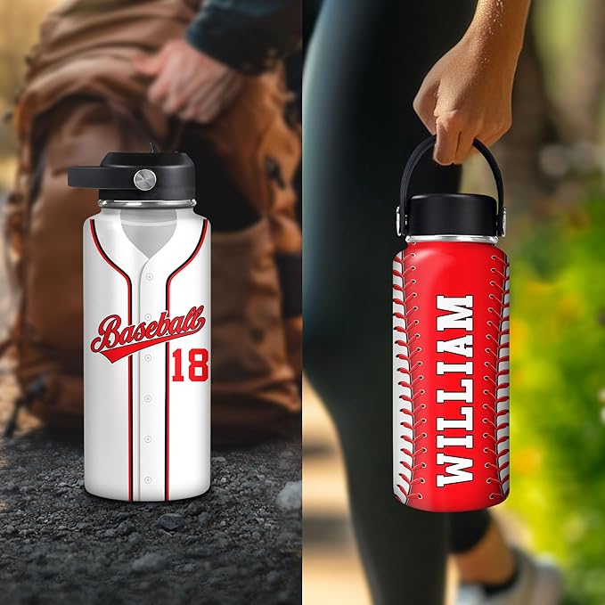 Personalized Baseball Water Bottle – Custom Name Insulated Stainless Steel Sports Bottle 32oz 40oz