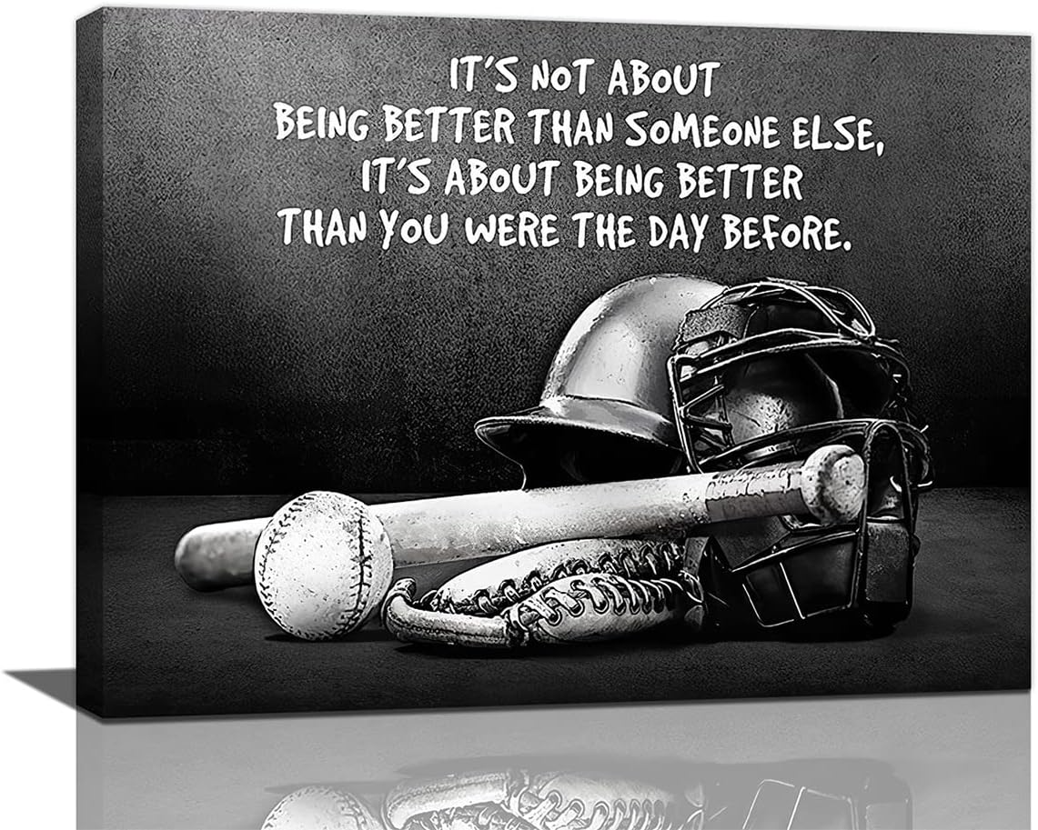Baseball Sports Wall Art Black and White Motivational Poster Inspirational Retro Sports Decor for Boys Men Framed Canvas