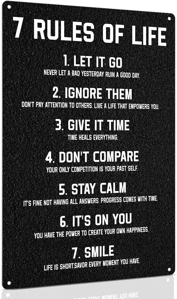 Inspirational Motivational Wall Decor for Teen Bedroom Office Girls Boys 7 Rules of Life Metal Sign