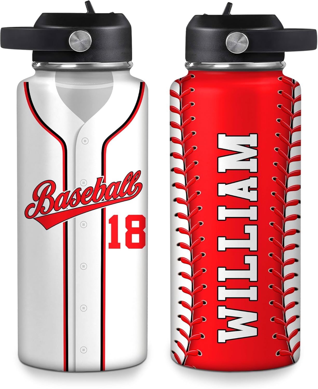 Personalized Baseball Water Bottle – Custom Name Insulated Stainless Steel Sports Bottle 32oz 40oz