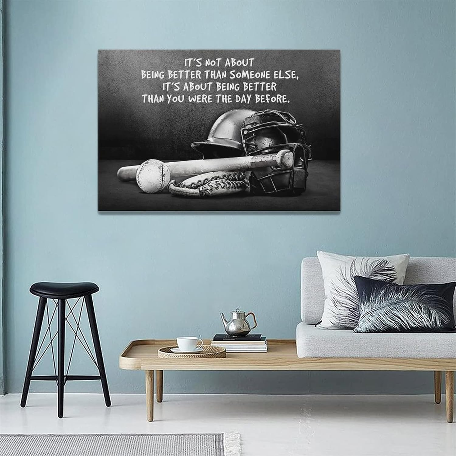 Baseball Sports Wall Art Black and White Motivational Poster Inspirational Retro Sports Decor for Boys Men Framed Canvas 5