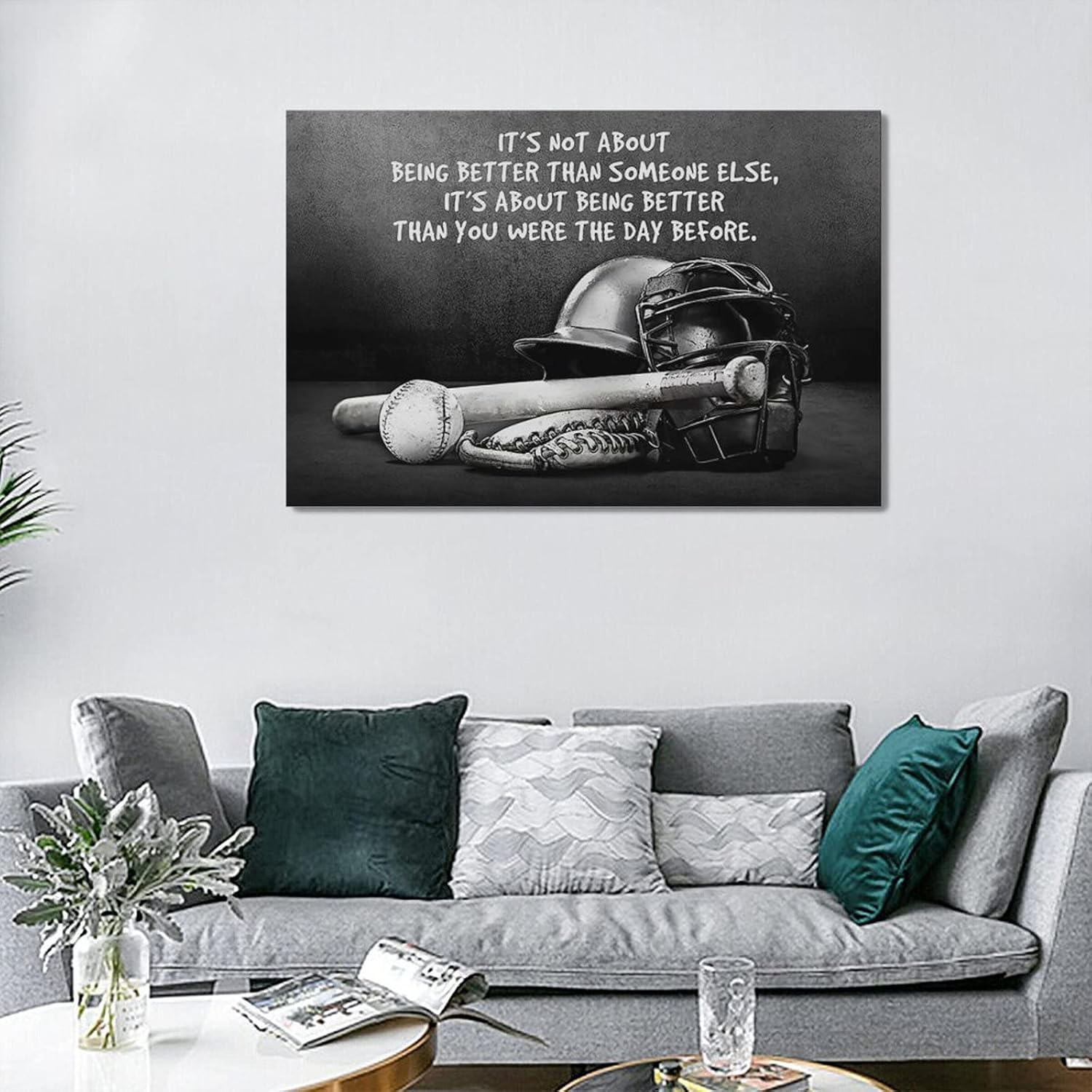 Baseball Sports Wall Art Black and White Motivational Poster Inspirational Retro Sports Decor for Boys Men Framed Canvas 4