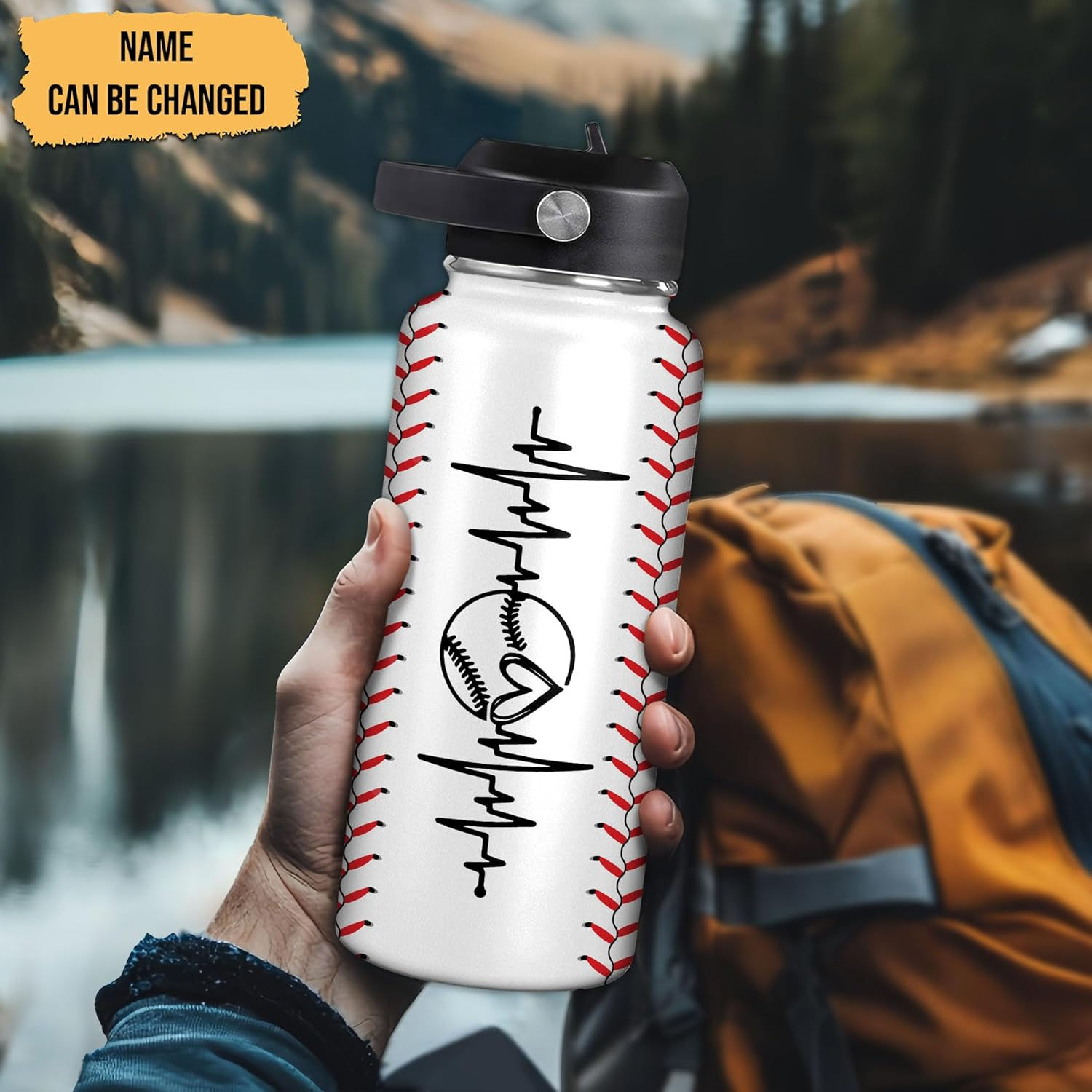 Personalized Baseball Water Bottle – Heartbeat Ball Custom Name 32oz 40oz Stainless Steel Insulated Sports Bottle Gift for Men Women Players Coaches Fans Water Bottle 3