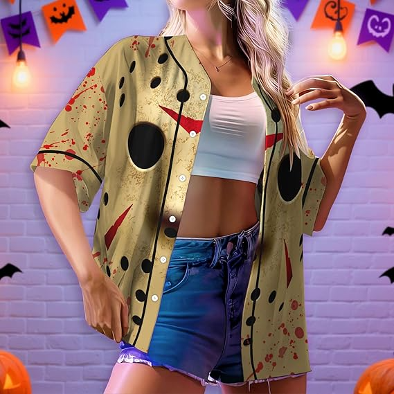 Halloween Baseball Shirt, Horror Movie Short Sleeve Shirts, Gifts for Horror Lover, Horror Baseball Jersey- JS35 4