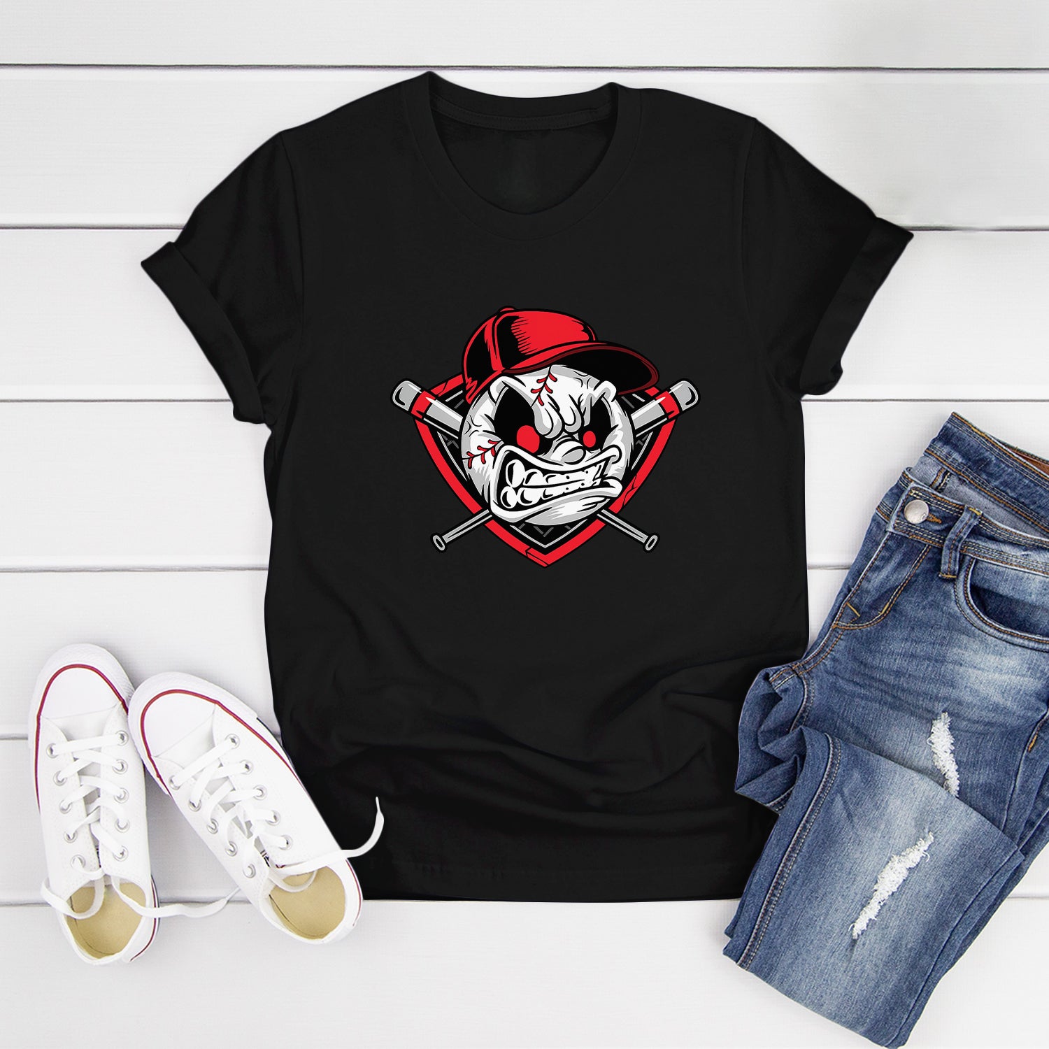 Cool Baseball Graphic Tee – Aggressive Ball Face with Red Hat T-Shirt 3