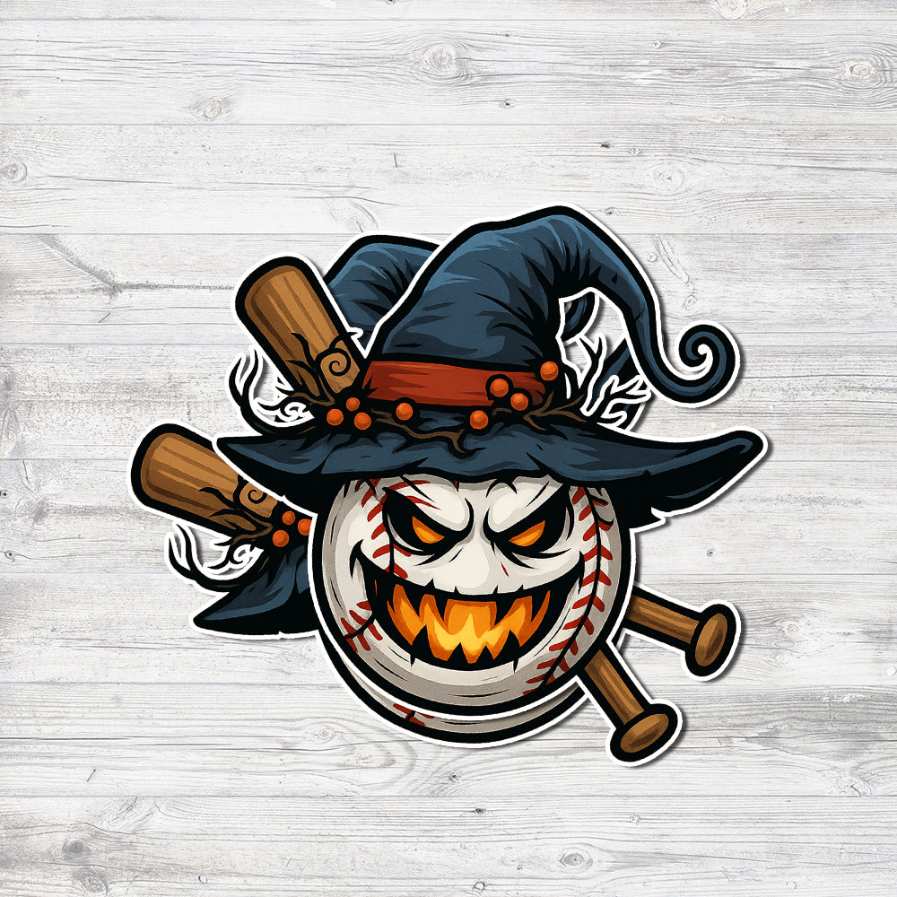 Halloween Baseball Sticker – Scary Pumpkin Face with Witch Hat & Bat, Waterproof Sports Decal for Car, Laptop & Helmet 7