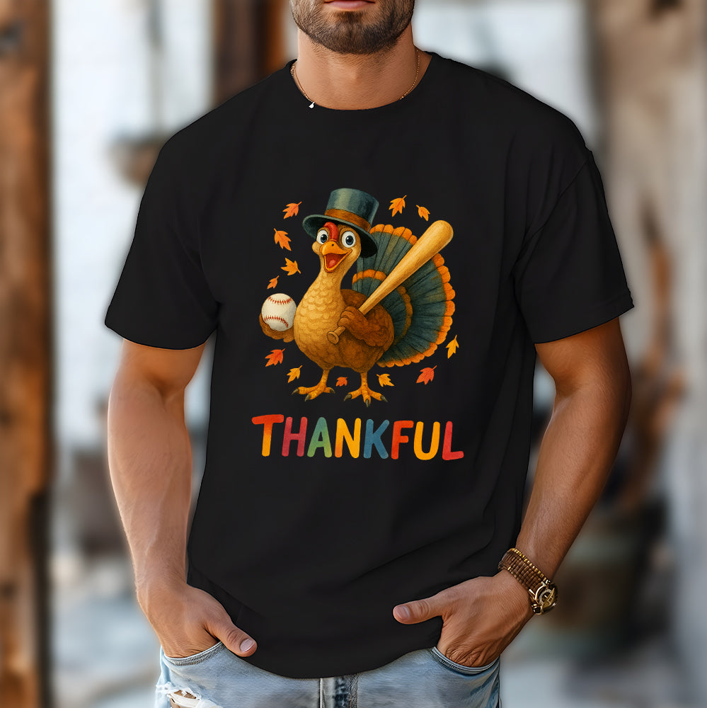 Thanksgiving Turkey Baseball T-Shirt – Funny Thankful Fall Sports Fan Gift T-Shirt