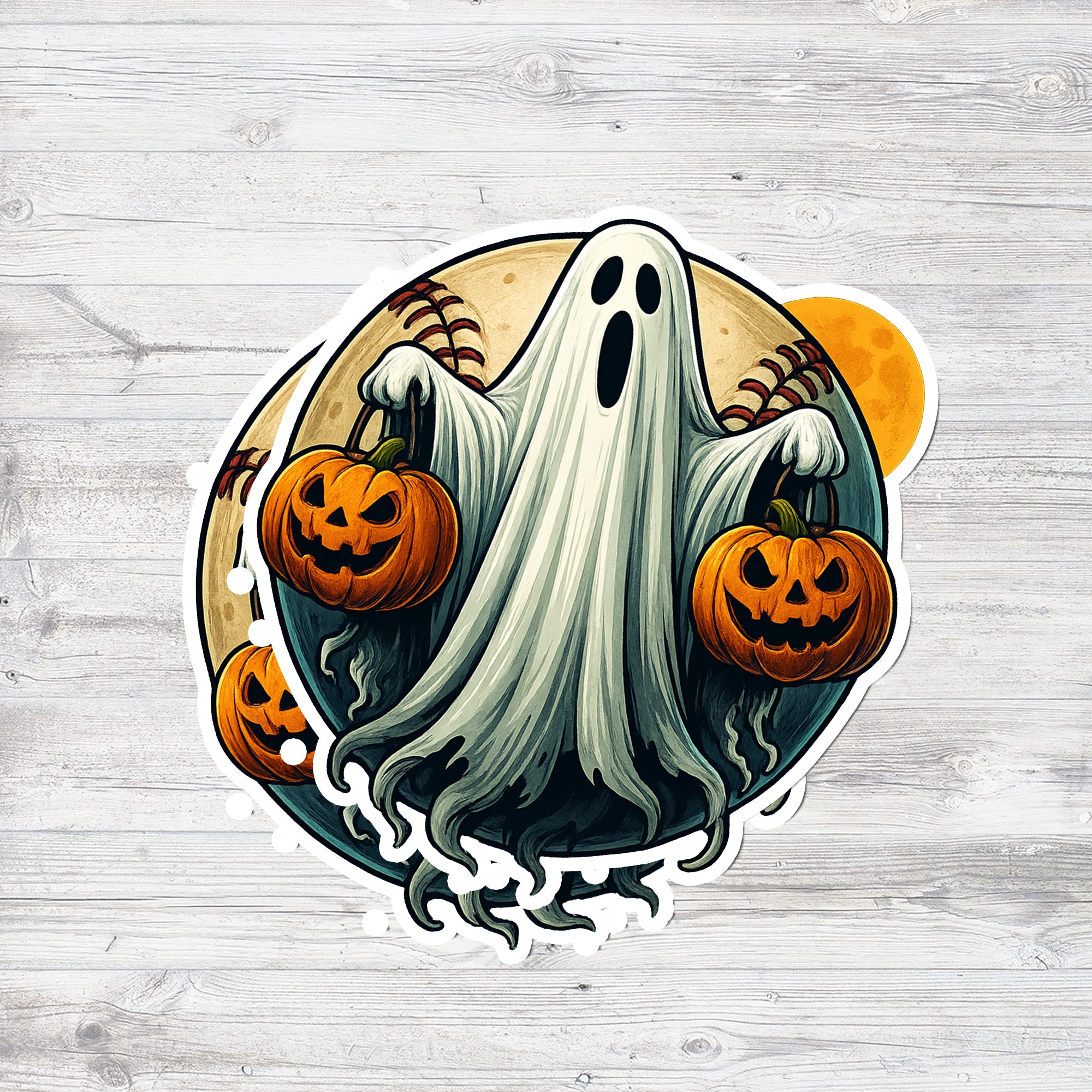 Spooky Halloween Ghost Holding Pumpkins – Creepy Baseball Full Moon Design, Haunted Night Horror Spirit Vinyl Sticker 7