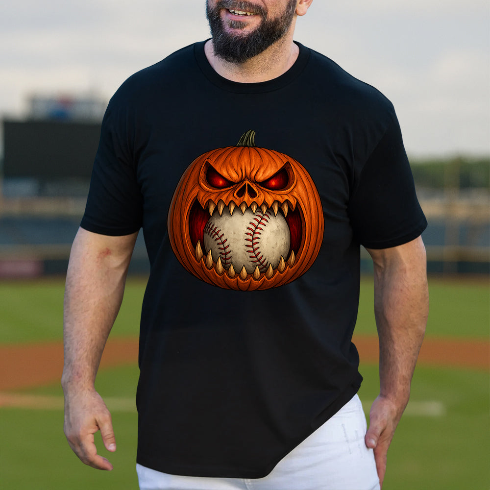 Scary Pumpkin Baseball Face Shirt, Baseball Halloween Costume Tee, Spooky Pumpkin Baseball Outfit, Funny Halloween Party Gift T-Shirt 7