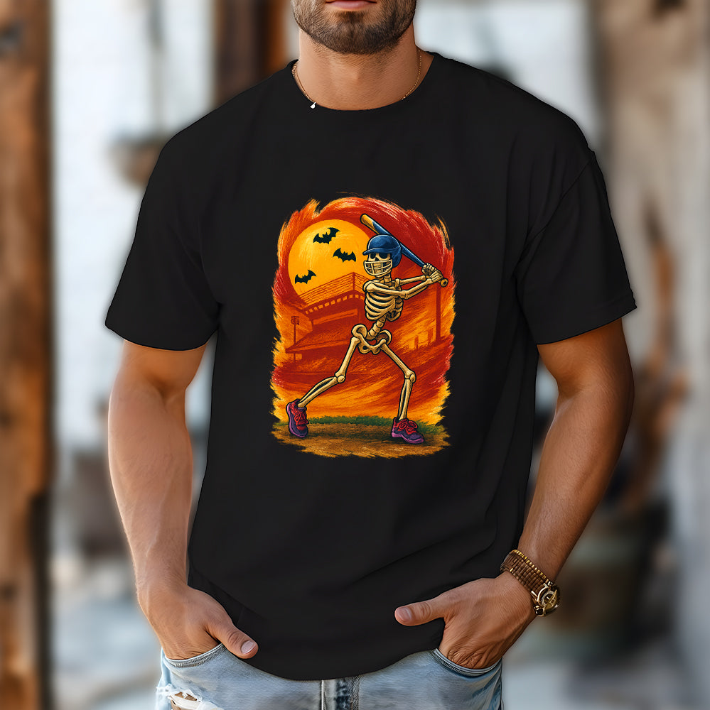 Halloween Skeleton Baseball Graphic Tee Spooky Sports Design T-Shirt