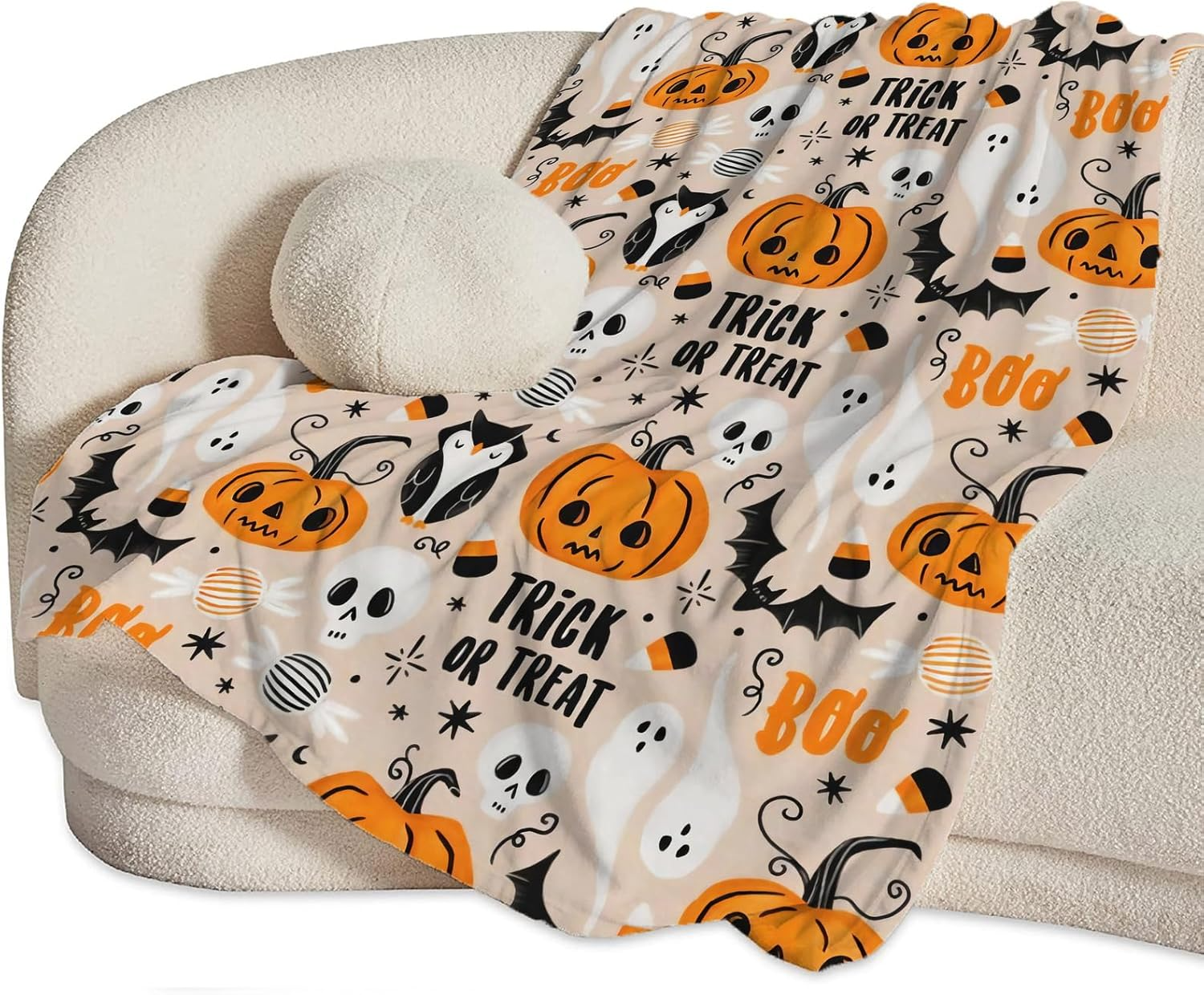 Halloween Blanket, Soft Warm Cozy Pumpkin Ghost Bats Black Owl Throw, Fuzzy Plush Candy Skull Fleece Flannel for Halloween Thanksgiving Couch Sofa Blanket 4