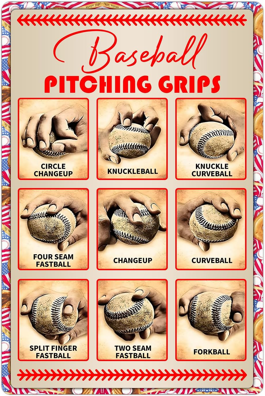 Boys Baseball Gifts Baseball Pitching Grips Wall Art Boys Room Decoration Gift for Baseball Enthusiasts Metal Sign