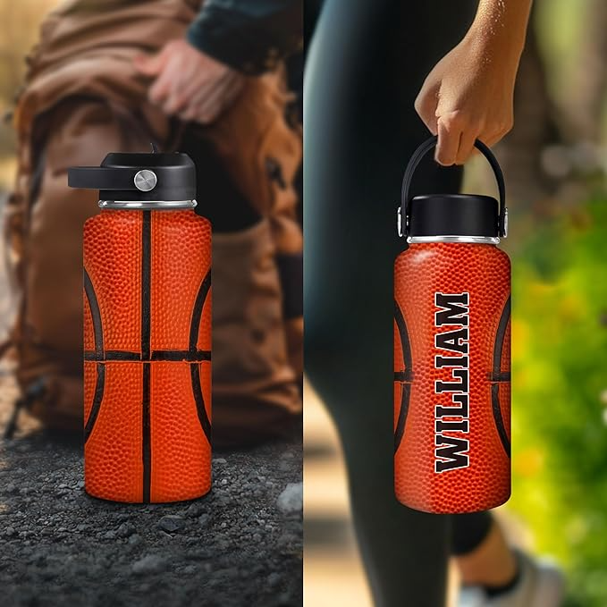 Personalized Basketball Water Bottle – 32oz 40oz Stainless Steel Insulated Travel Bottle with Lid – Gift for Men Boys Players Coaches, Birthday Christmas Water Bottle 3