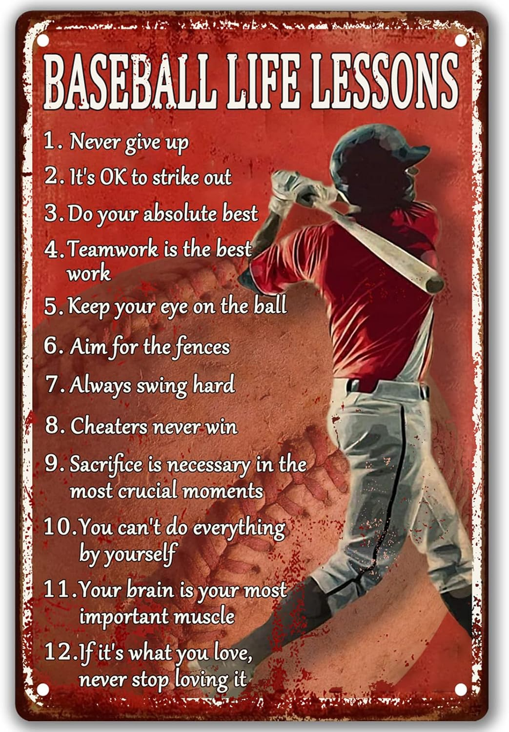 Retro Baseball Tin Sign – Vintage Motivational Baseball Life Lessons Metal Poster, Sports Decor for Boys Bedroom Wall Art Personalized Canvas