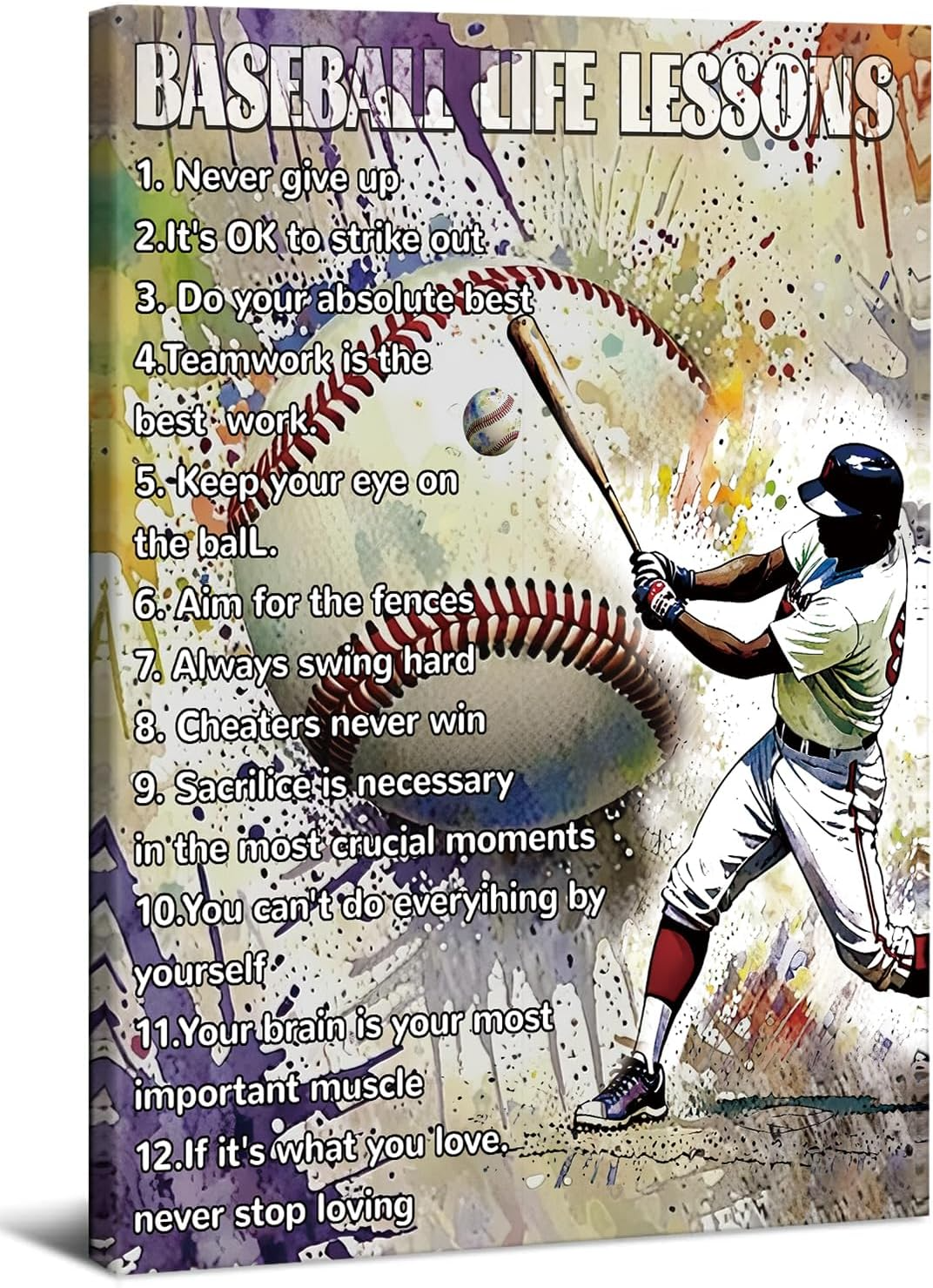 Baseball Sports Wall Art Prints, Motivational Life Lessons Quotes Poster, Never Give Up Baseball Picture Decor Canvas