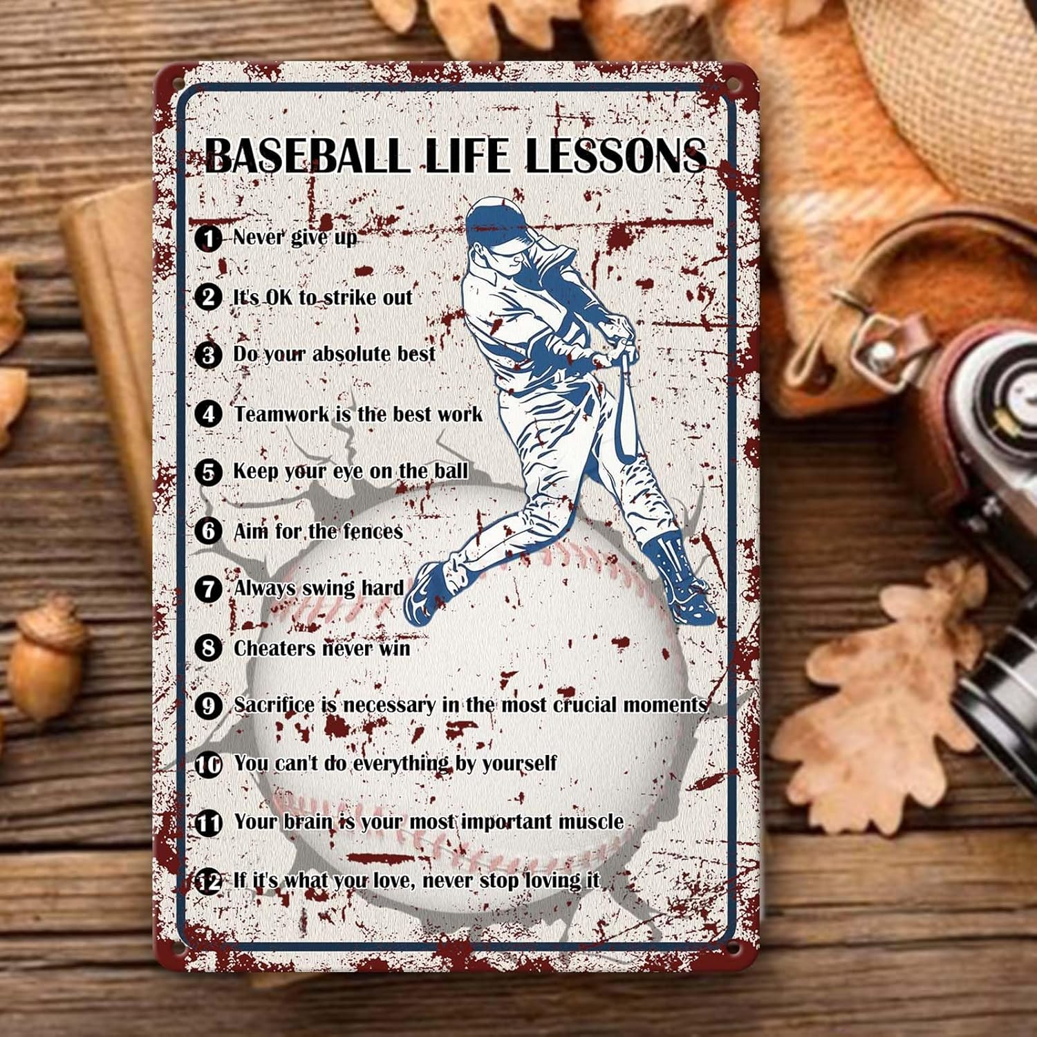 Baseball Life Lessons Never Give Up Wall Art Decor for Boys Room, Senior Night Gifts, Baseball Metal Sign