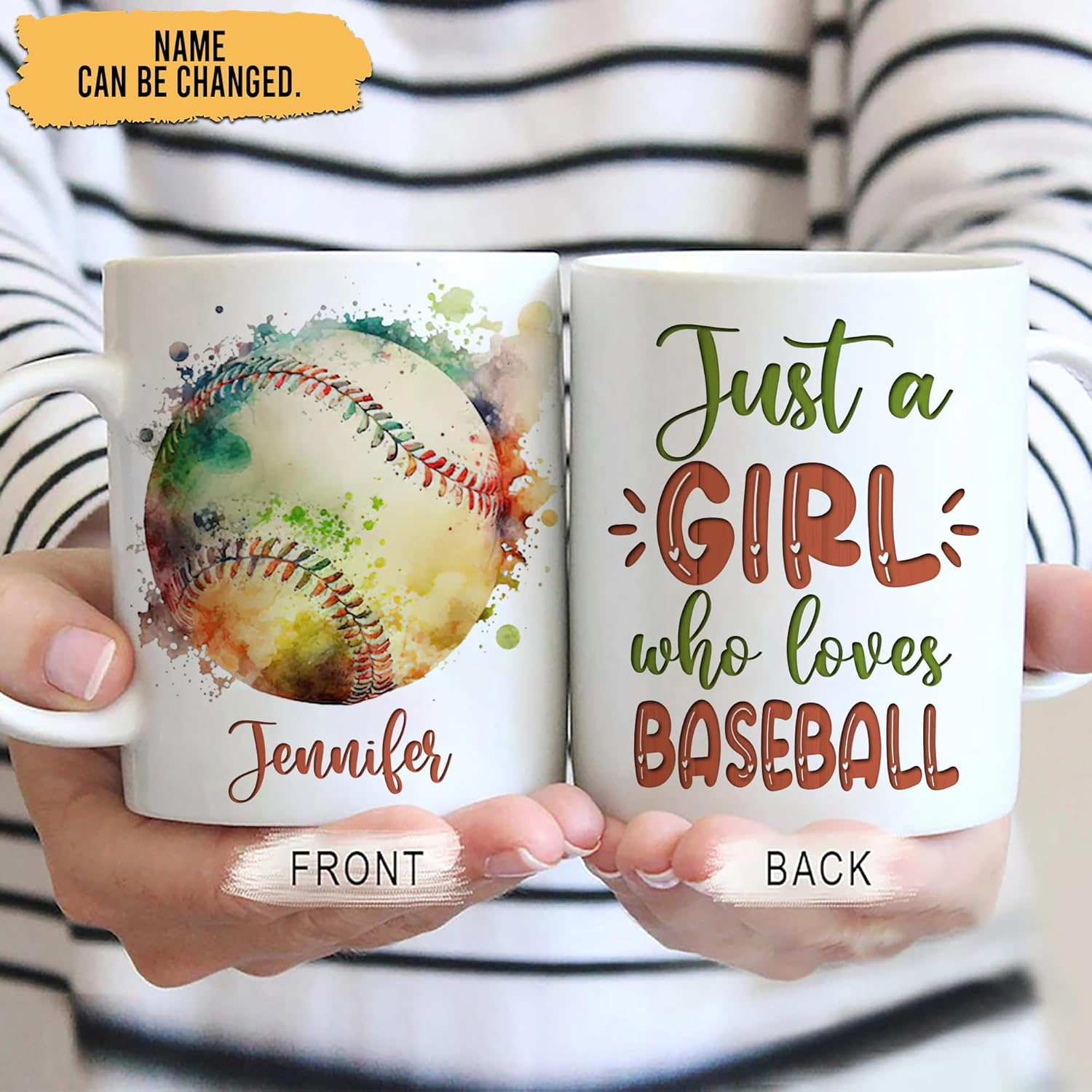 Personalized Baseball Gifts – Just A Girl Who Loves Baseball Custom Name Ceramic Coffee Cup 11oz, Sport Lover Gifts for Women, Girls, Daughter, Coach on Birthday, Christmas Mug