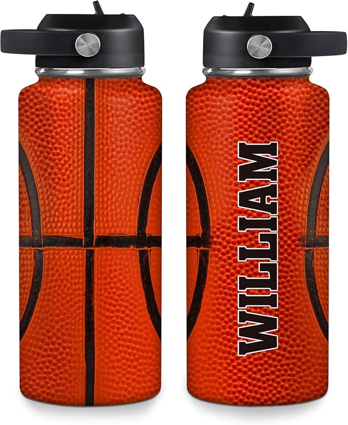Personalized Basketball Water Bottle – 32oz 40oz Stainless Steel Insulated Travel Bottle with Lid – Gift for Men Boys Players Coaches, Birthday Christmas Water Bottle