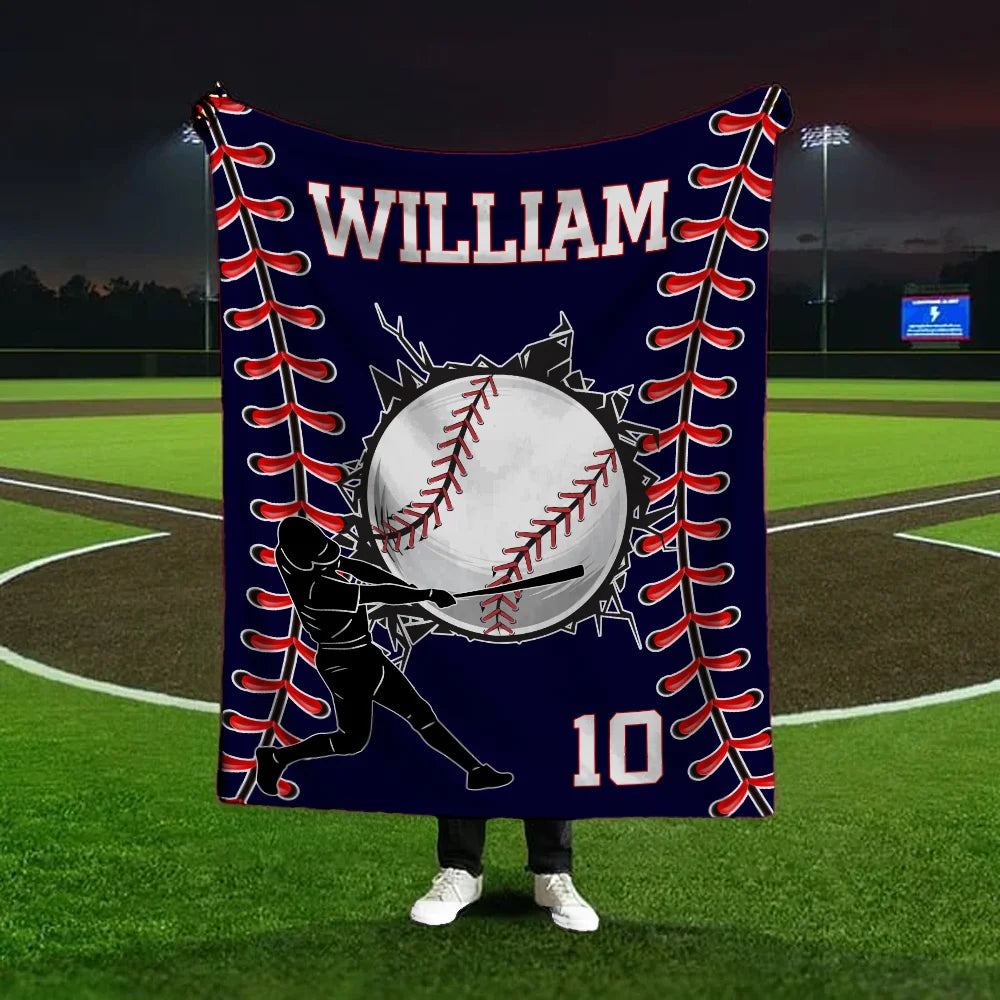 Personalized Baseball Throw Blanket Custom Name and Number Fleece Blanket