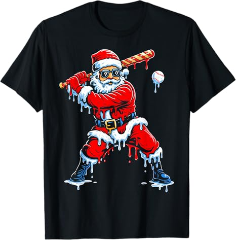 Santa Playing Baseball Ice Cream Drip Christmas Sports Boys T-Shirt - TS20