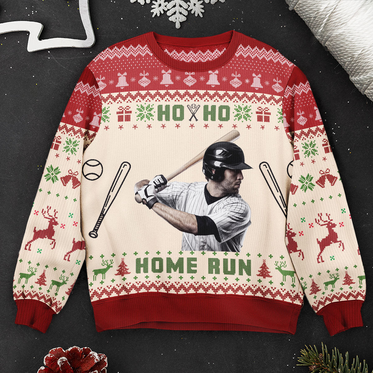 Personalized Photo Baseball Ho Ho Home Run Ugly Sweater - SW1