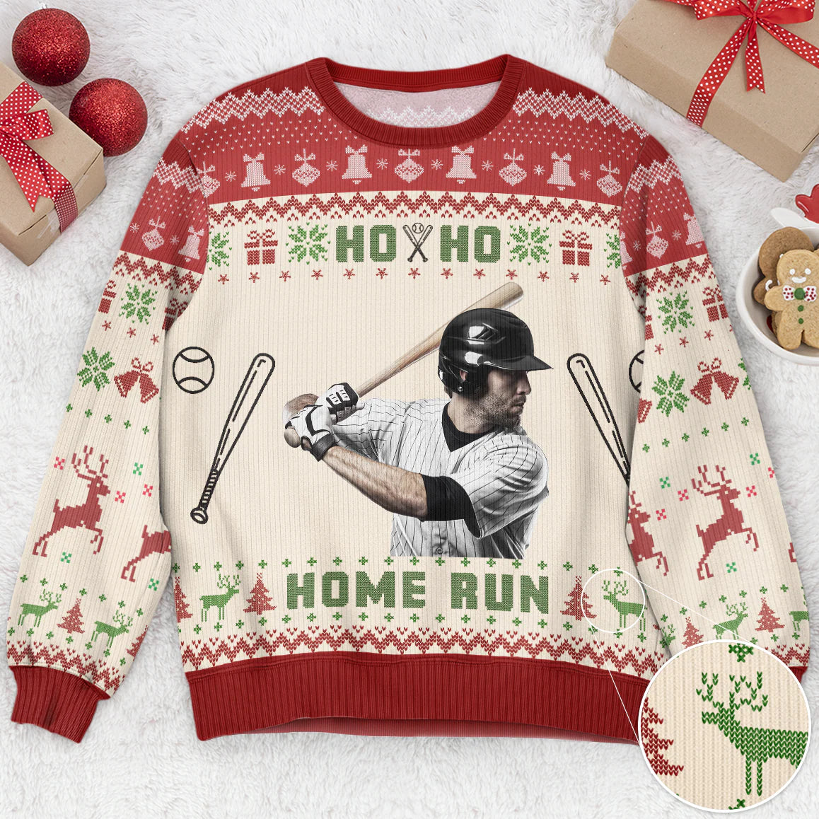 Personalized Photo Baseball Ho Ho Home Run Ugly Sweater - SW1 3