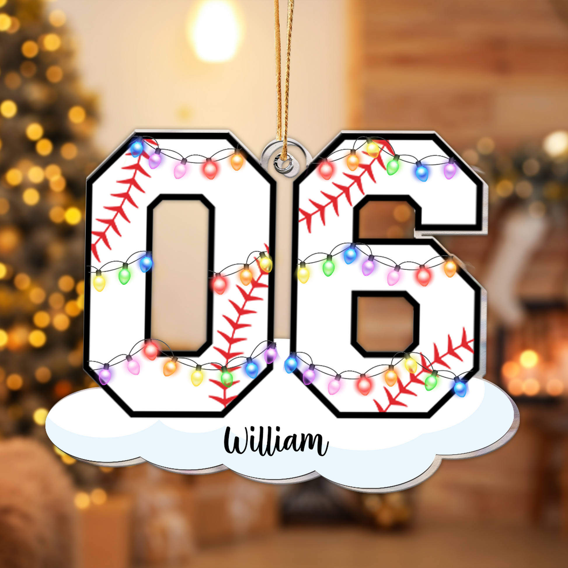 Baseball With Name and Number Christmas Light Personalized Ornament - OR01